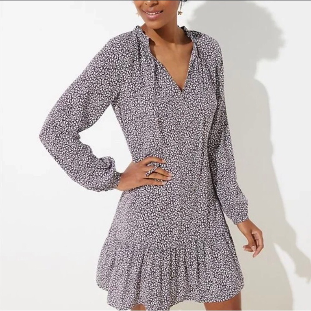 Loft Flowy Lightweight Feminine Purple & White Flowered Mini Dress